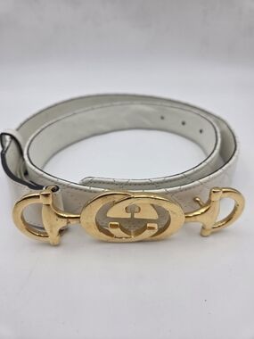 Gucci White Leather Belt with Gold Interlocking Buckle